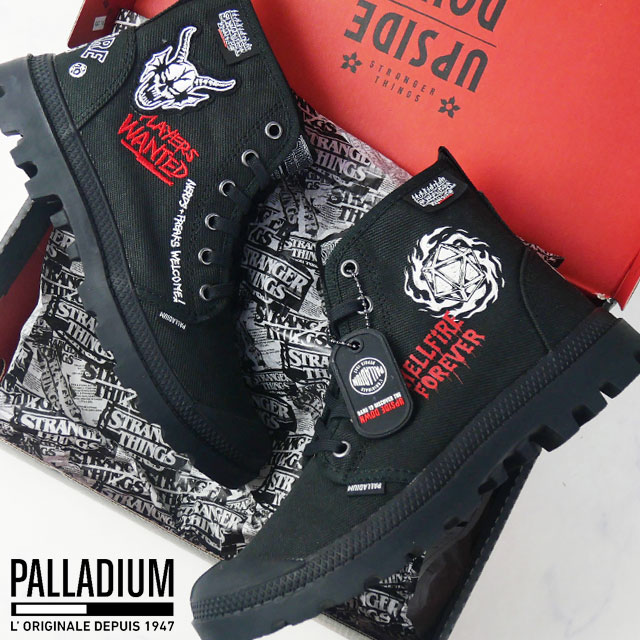 送料無料 スニーカー メンズ レディース AW 秋冬 新作 秋新作 冬新作 人気 流行 定番 2025 パラディウム PALLADIUM 74496 001 ストレンジャーシングス コラボ ハイカット靴 ヘルファイア コラボモデル キャンバススニーカー ブラック