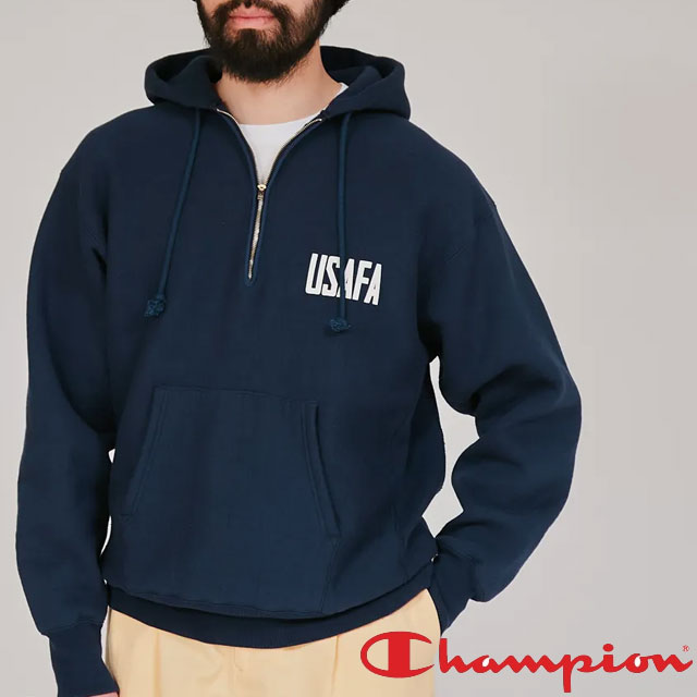 送料無料 パーカー 長袖 メンズ レディース AW 秋冬 新作 秋新作 冬新作 人気 流行 定番 2025 チャンピオン Champion C3-A119 スウェット リバースウィーブ(R) ハーフジップフーデッドスウェットシャツ 青タグ トップス プルオーバー ロゴ 裏起毛 服 アパレル 紺 日本製