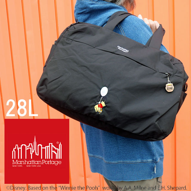 送料無料 ショルダーバッグ ボストンバッグ メンズ レディース AW 人気 流行 定番 2025 マンハッタンポーテージ Manhattan Portage MP-1826-TS-PH25 28L リミテッド 斜め掛け 肩掛け 手持ち くまのプーさん 軽量 大きめ 旅行 トラベル 黒