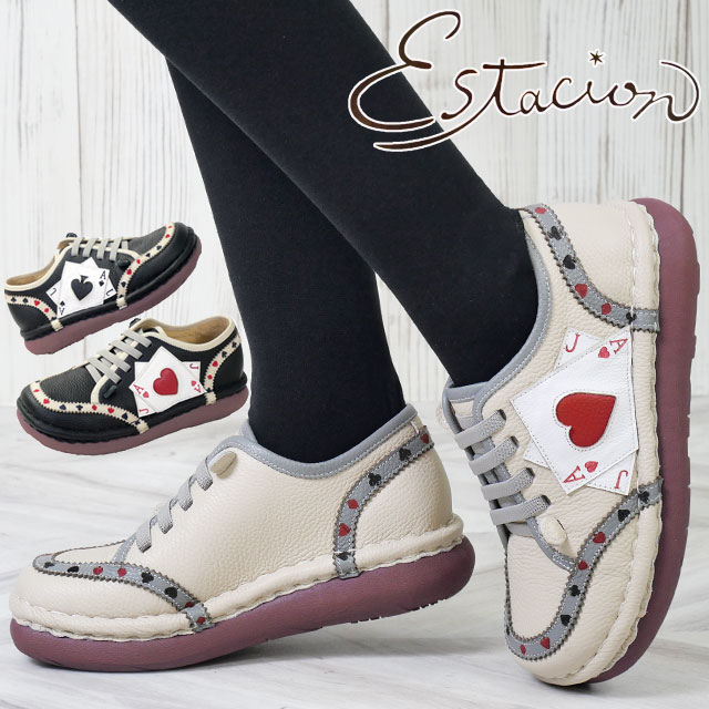 送料無料 スリッポン レディース AW 秋冬 新作 秋新作 冬新作 人気 流行 定番 2025 エスタシオン Estacion TGXE649 トランプモチーフ 履きやすい 靴 疲れない レザーシューズ 本革 痛くないカジュアルシューズ ハート スペード エース ブラック