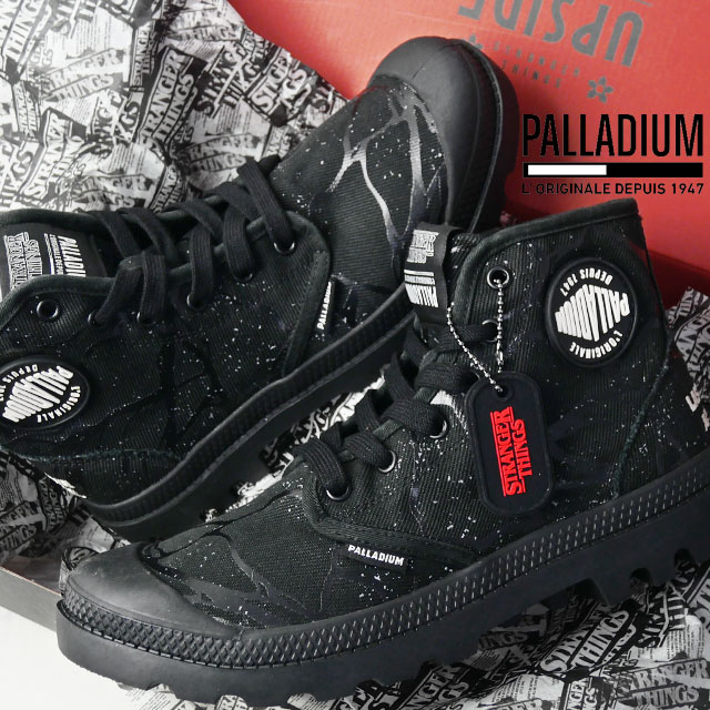 送料無料 スニーカー ハイカット レディース AW 秋冬 新作 秋新作 冬新作 人気 流行 定番 2026 パラディウム PALLADIUM 94626 008 ストレンジャーシングス コラボモデル パンパ ハイ トンネル アップサイド・ダウン キャンバスシューズ ブラック 黒 靴