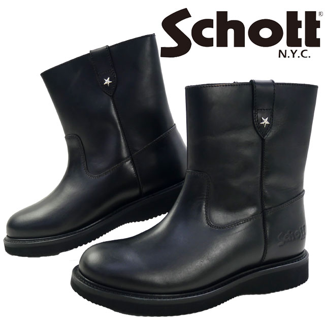 送料無料 ブーツ メンズ SS 春夏 新作 春新作 夏新作 ショット Schott 2026 Wellington boots Goodyear welted S25601 ペコス ウエリントン ワンスターコレクション ハーフ レザー ミドル丈 本革 バイカー グッドイヤーウェルト