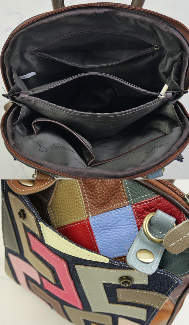 送料無料 ショルダーバッグ バックパック レディース SS 春夏 新作 春新作 夏新作 エスタシオン Estacion 2026 2 BAG 1083 2way リュック 本革 肩掛け カラー カラフル パッチワーク カバン レザー デニム エスニック アジアン ハンドメイド 小さめ_5