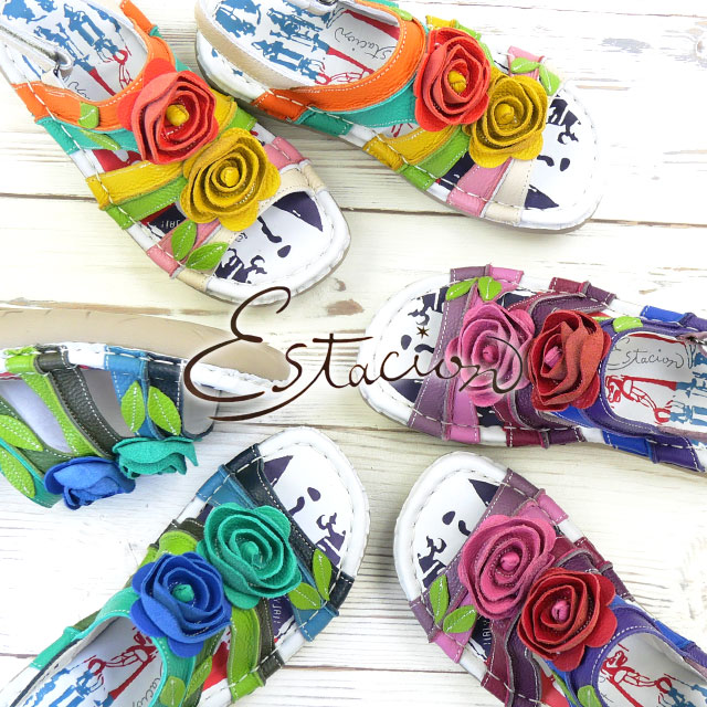送料無料 サンダル ストラップサンダル レディース SS 春夏 新作 春新作 夏新作 エスタシオン Estacion 2026 TGE725 疲れない 立体フラワーモチーフ 本革 痛くない ベルクロ 歩きやすい レザーサンダル / / /
