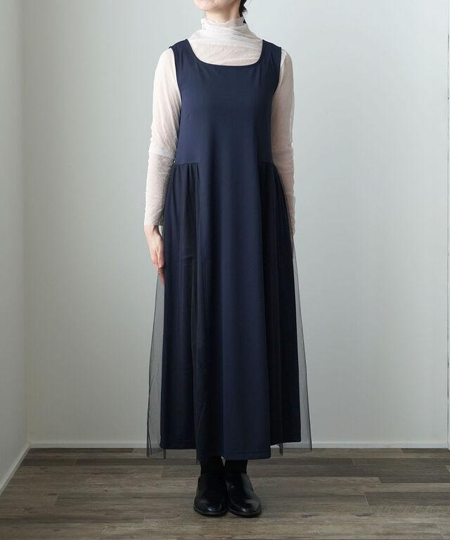 ププラ ハイツイストスムース×チュール サイド切り替えワンピース