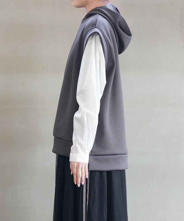 ププラ サーキュラーニットフリース フーディ プルオーバーベスト