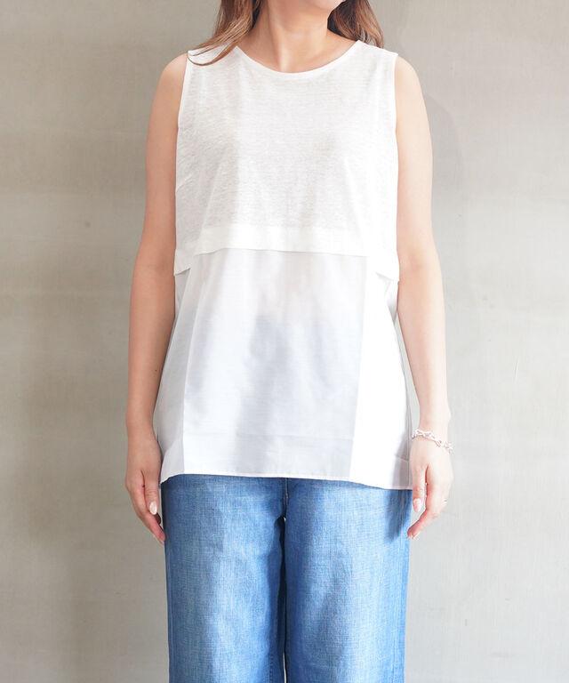 ププラ プレミアムリネン×ローン 切り替え タンクトップ ノースリーブ