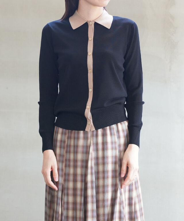 ププラ レーヨン混 ミラノリブニット バイカラー 配色 襟付き