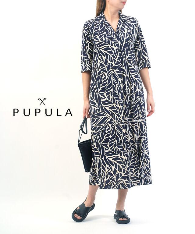 ププラ リーフプリントスムース 5分袖 シャツカラー ワンピース PUPULA 161031 国内正規品 2026春夏新作 送料無料