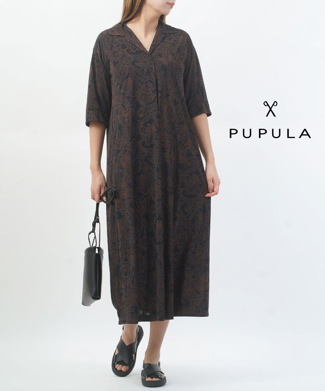 ププラ ペイズリープリントスムース 5分袖 シャツカラー ワンピース PUPULA 161034 国内正規品 2026春夏新作 送料無料