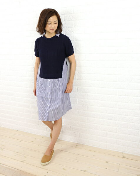 audrey and john wad(オードリーアンドジョンワッド) コットンリネン襟付き ニット×布帛コンビワンピース・B4735・0031    レディース 女性 誕生日プレゼント ギフト 正規品 新品