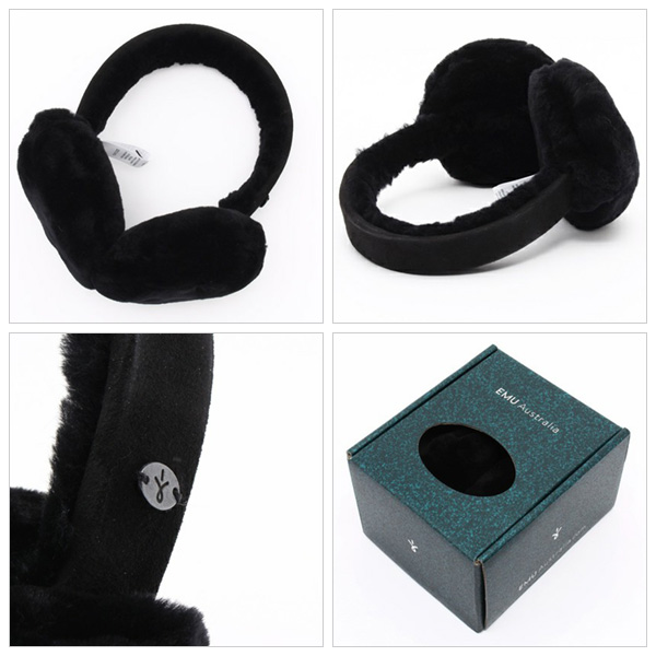 未使用エミュEMUムートンシープスキン耳あてボアアンガフックイヤーマフ黒ブラック EMU Australia（エミュ オーストラリア） エミュー イヤーマフ