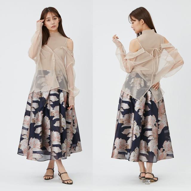 SALE50%OFF FRAY I.D フレイアイディー ランダムタックシアージャガードスカート fwfs241059 レディース ボトムス 花柄 ロングスカート シアー デイリー デート 二次会 オケージョン_5