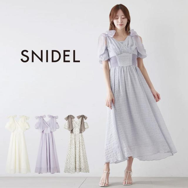 SALE40%OFF スナイデル SNIDEL ショルダーリボンワンピース swfo252064 レディース ドレス ロングワンピース 透け感  Vネック 肩出し 小花柄 2025夏 セレクトショップムー
