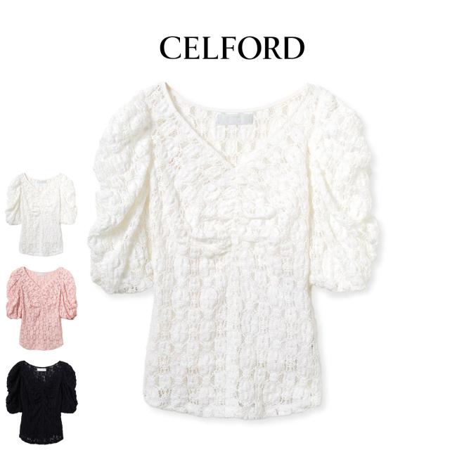 セルフォード CELFORD ラッセルレースカットトップス cwct254107 レディース 半袖 ギャザー 伸縮性 フレアスリーブ 二の腕カバー 2025秋