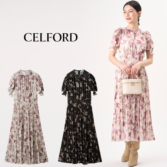 セルフォード CELFORD ブラードフラワープリントワンピース cwfo254085 レディース ドレス ロングワンピース 花柄 プリーツ 半袖 インナー付き 2025秋