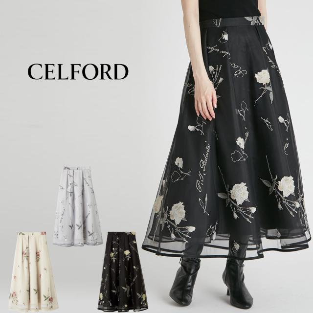 セルフォード CELFORD×P.J. REDOUTEコラボ Rosa刺繍チュールスカート cwfs254061 レディース ロングスカート フレア 透け感 花柄 刺繍 シアー 2025秋