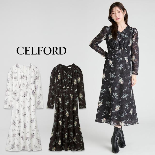 セルフォード CELFORD ウエストペプラムデザインワンピース cwfo261037 レディース ロングワンピース 花柄 ドレス 透け感 上品 オケージョン 2026春