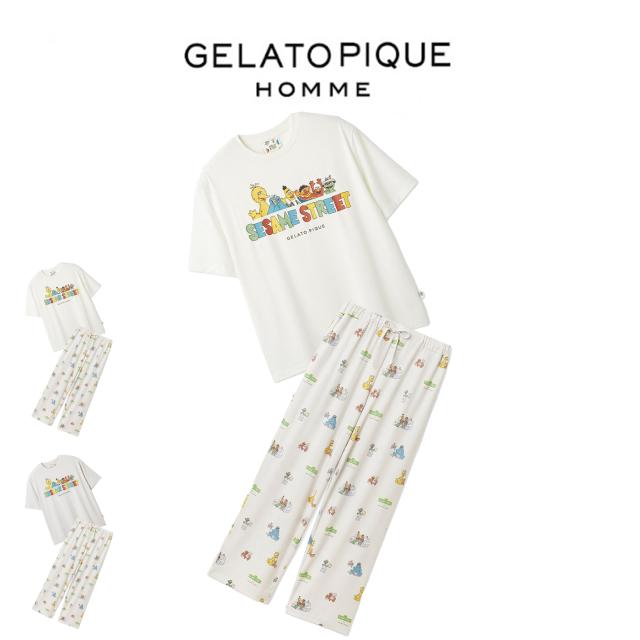 ジェラートピケ オム GELATO PIQUE HOMME SESAME STREET ワンポイントTシャツ&amp;総柄ロングパンツ pmct261330set pmcp261332 セサミストリート ジェラピケ メンズ ルームウェア パジャマ 2026春
