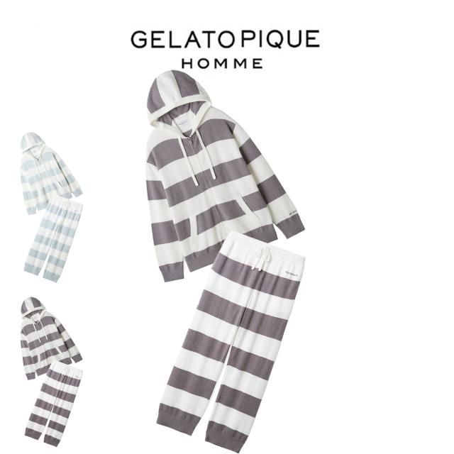 ジェラートピケ オム GELATO PIQUE HOMME スムーズィー2ボーダーパーカー&amp;ロングパンツ pmnt261901set pmnp261903 メンズ 部屋着 ルームウェア 上下セット パジャマ ジェラピケ 2026春 プレゼントにおすすめ