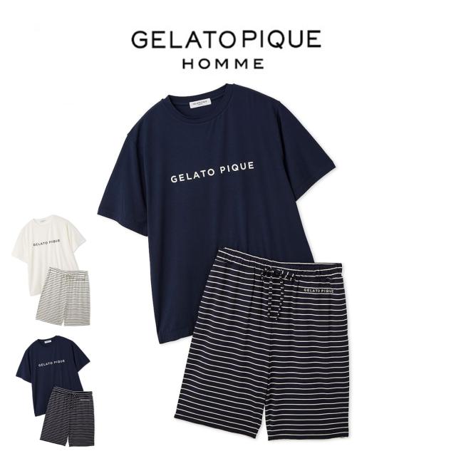 ジェラートピケ オム GELATO PIQUE HOMME レーヨンロゴTシャツ&amp;ボーダーハーフパンツセット pmct261368 ジェラピケ メンズ ルームウェア パジャマ 上下セット セットアップ 接触冷感 2026春 プレゼントにおすすめ