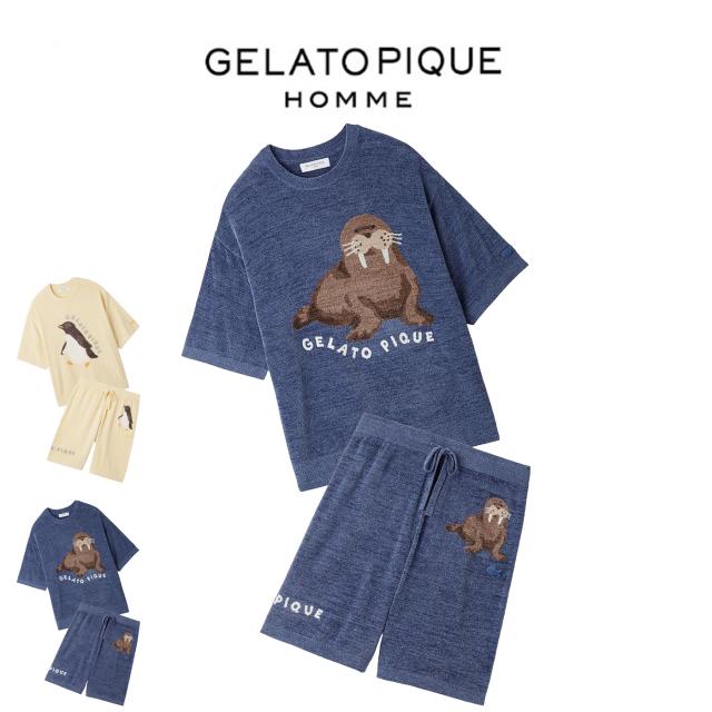 ジェラートピケ オム GELATO PIQUE HOMME 接触冷感 スムーズィーliteシーアニマルジャガードプルオーバー&amp;ハーフパンツ pmnt262059set pmnp262060 メンズ ジェラピケ パジャマ 部屋着 上下セット 2026夏 プレゼントにおすすめ