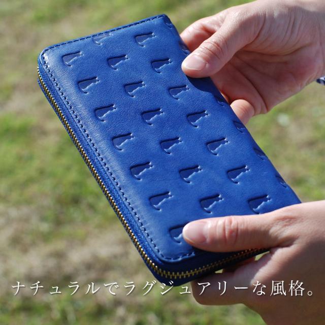 長財布 ラウンドファスナー 大容量 猫 型押しレザー 本革