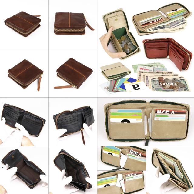 二つ折り財布 ラウンドファスナー box型小銭入れ メンズ 本革 ワックス