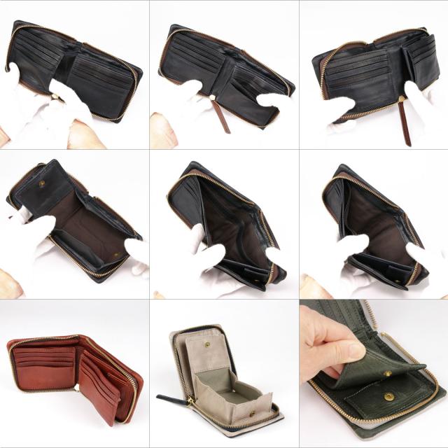 二つ折り財布 ラウンドファスナー box型小銭入れ メンズ 本革 ワックス