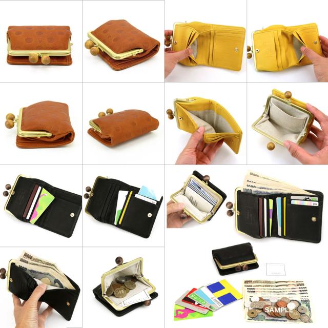 二つ折り財布 ウッドボール がまぐち財布 水玉 ドット 型押し Folna 2993903 フォルナ 牛革 本革 日本製 メイドインジャパン レディース