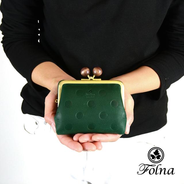 二つ折り財布 ウッドボール がまぐち財布 水玉 ドット 型押し Folna 2993903 フォルナ 牛革 本革 日本製 メイドインジャパン レディース