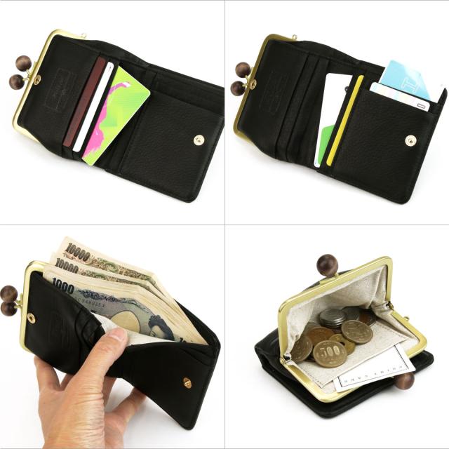 二つ折り財布 ウッドボール がまぐち財布 水玉 ドット 型押し Folna