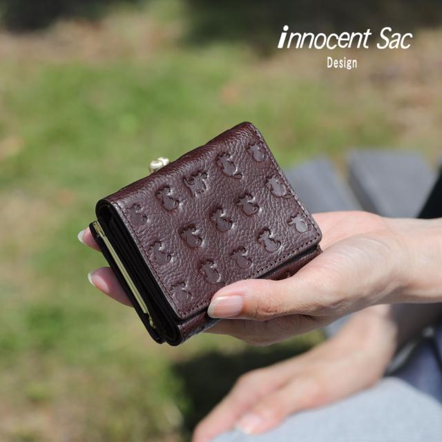 三つ折り財布 がま口財布 コンパクトウォレット ミニ財布 型押し 猫柄