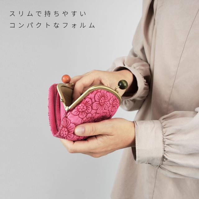 がま口財布 二つ折り財布 がま口 がまぐち ハーフウォレット 丸木玉 花柄 型押し レザー 本革 日本製 レディース innocent Sac イノセントサック Flower