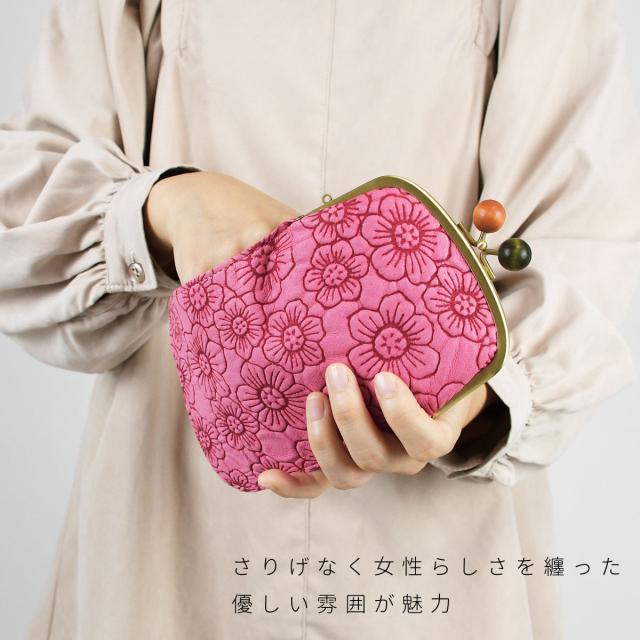 がま口財布 二つ折り財布 がま口 がまぐち ハーフウォレット 丸木玉 花柄 型押し レザー 本革 日本製 レディース innocent Sac イノセントサック Flower