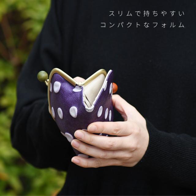 二つ折り財布 がま口財布 ドット柄 丸木玉 革友禅 レディース がま口