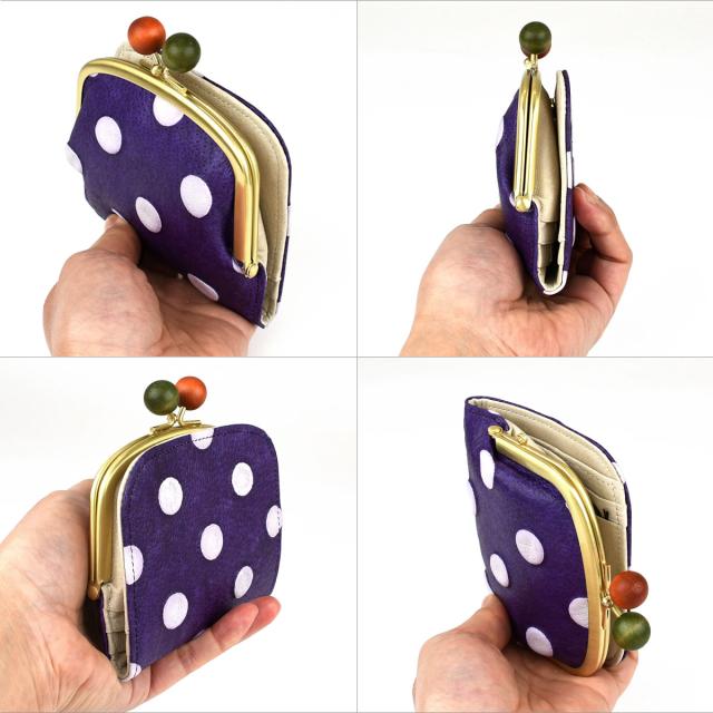 二つ折り財布 がま口財布 ドット柄 丸木玉 革友禅 レディース がま口