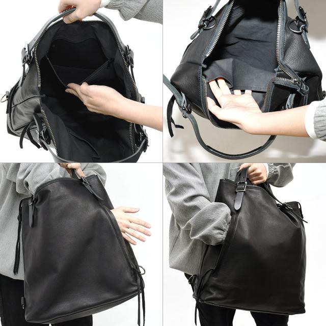 B4サイズ対応 大容量 3Way リュックサック ショルダーバッグ トートバッグ スクエア型 台形 くったり ドレープ -Less レス メンズ レディース 日本製 姫路レザー RAMUDA ラムダ 本革 柔らかい 牛革 斜め掛け 肩掛け 持ち方色々 レスデザイン 黒 ブラック ラグジュアリー