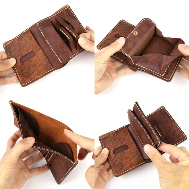 二つ折り財布 D WALLET 手縫い 札入れ 小銭入れ LITSTA 日本製 本革 財布 ムラ染めレザー イタリアンレザー 牛革 ヌメ革 本革財布 レディース セパレート 多機能 コンパクト カード 入れ 多い リティスタ PUEBLO プエブロ ハンドクラフト 送料無料 レッド/ブラウン/グレー_12