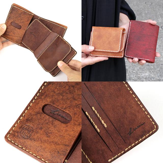 二つ折り財布 D WALLET 手縫い 札入れ 小銭入れ LITSTA 日本製 本革 財布 ムラ染めレザー イタリアンレザー 牛革 ヌメ革 本革財布 レディース セパレート 多機能 コンパクト カード 入れ 多い リティスタ PUEBLO プエブロ ハンドクラフト 送料無料 レッド/ブラウン/グレー_13