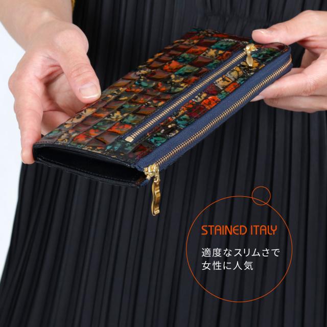 長財布 L字ファスナー イタリアンレザー 本革 レディース クロコ 型押しレザー エナメル Quartet カルテット 薄い 薄型 ステンドレザー ラメ Stained Italy ステンドイタリー