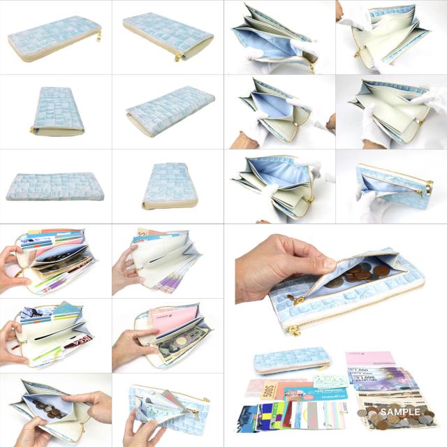 長財布 L字ファスナー イタリアンレザー 本革 レディース パール クロコ 型押し レザー Brilliant Blue ブリリアントブルー 薄い 薄型 マット Stained Italy ステンドイタリー