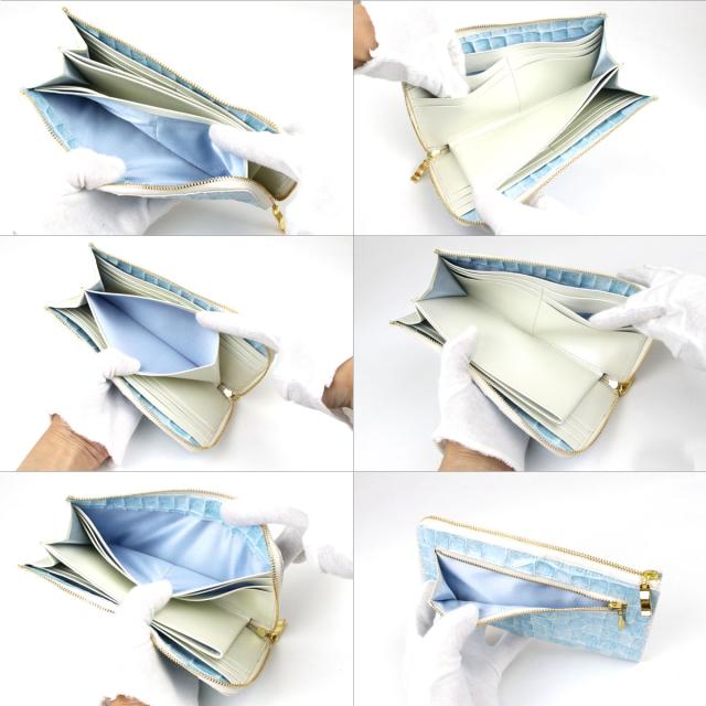 長財布 L字ファスナー イタリアンレザー 本革 レディース パール クロコ 型押し レザー Brilliant Blue ブリリアントブルー 薄い 薄型 マット Stained Italy ステンドイタリー