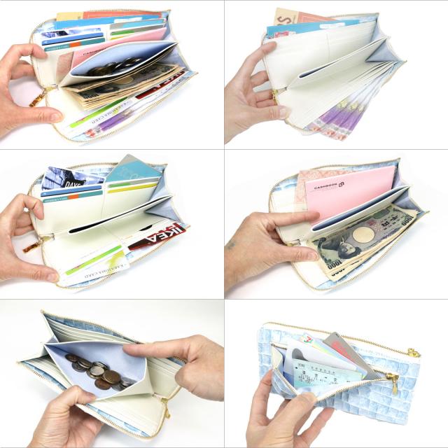 長財布 L字ファスナー イタリアンレザー 本革 レディース パール クロコ 型押し レザー Brilliant Blue ブリリアントブルー 薄い 薄型 マット Stained Italy ステンドイタリー