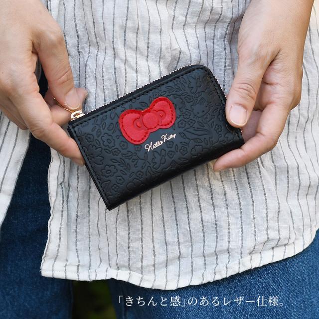 HELLO KITTY ハローキティ キーケース スマートキーケース キーチェーン キーリング KEY RIBBON レディース 本革 レザー 牛革 リボン L字ファスナー コンパクト キティちゃん キティちゃんグッズ サンリオキャラクターズ ブラック ホワイト 使いやすい 型押し ボタニカル柄_4