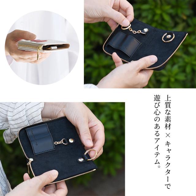 HELLO KITTY ハローキティ キーケース スマートキーケース キーチェーン キーリング KEY RIBBON レディース 本革 レザー 牛革 リボン L字ファスナー コンパクト キティちゃん キティちゃんグッズ サンリオキャラクターズ ブラック ホワイト 使いやすい 型押し ボタニカル柄_5