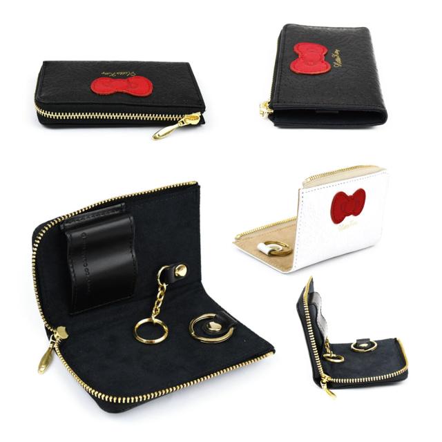 HELLO KITTY ハローキティ キーケース スマートキーケース キーチェーン キーリング KEY RIBBON レディース 本革 レザー 牛革 リボン L字ファスナー コンパクト キティちゃん キティちゃんグッズ サンリオキャラクターズ ブラック ホワイト 使いやすい 型押し ボタニカル柄_8