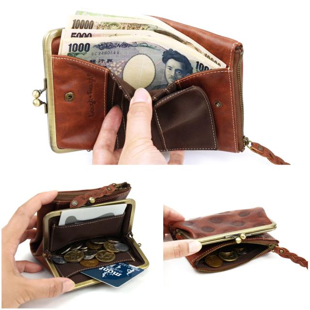 二つ折り財布 がま口財布 がまぐち財布 ベロ付き 袋縫い 本革財布 水玉 ドット 型押し レディース Laugh Rough ラフラフ 二つ折り財布 がま口財布 がまぐち財布 ベロ付き 袋縫い 本革財布 水玉