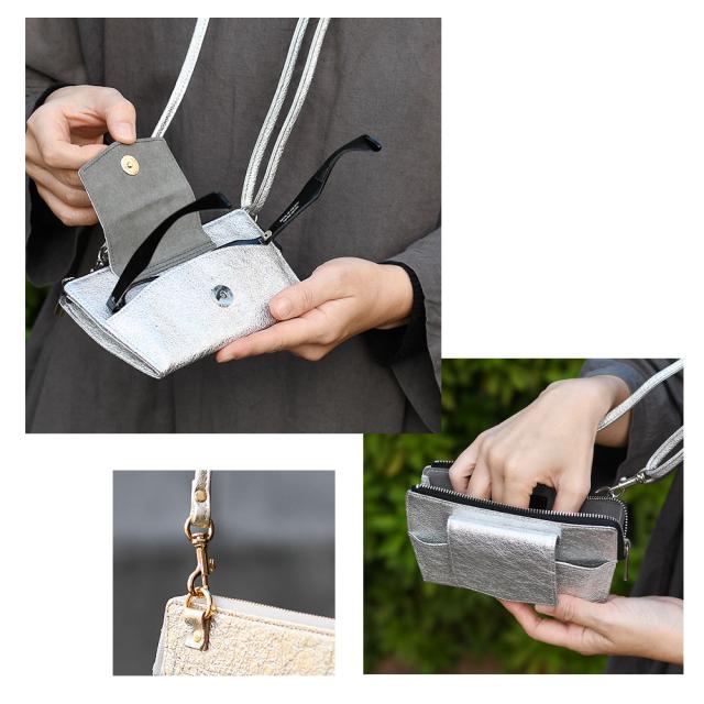 メガネホルダー 首掛け ストラップ 収納 箔レザー 山羊革 コンパクト