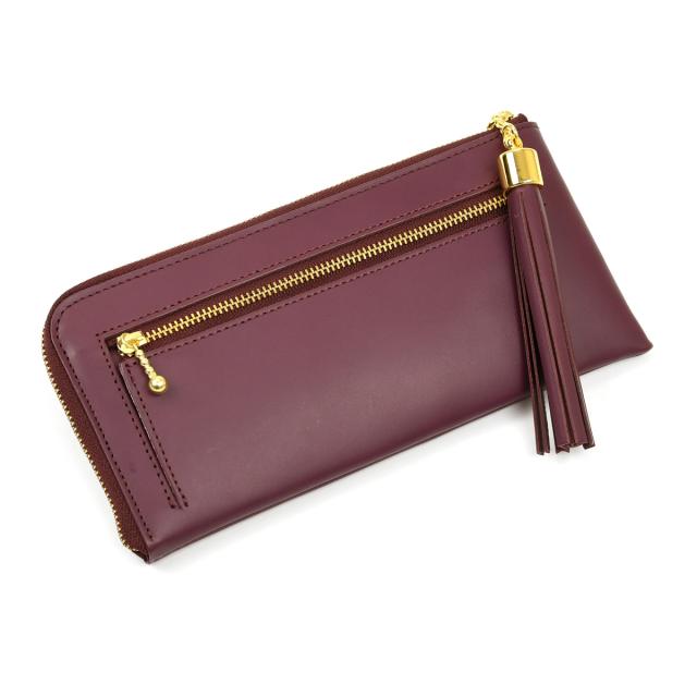 タッセルウォレット スムースレザー PURPLE 日本製 長財布 L字ファスナー 外ポケット付き 外側 小銭入れ 本革 財布 レディース 革 レザー 薄い 薄型 使いやすい YKK 長サイフ ロングウォレット Tassel Wallet タッセル チャーム 送料無料 NNW02 ワインレッド